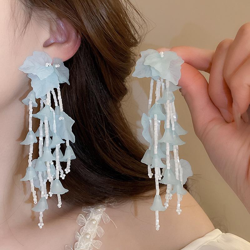 Blue Floral Leaves Acrylic Dangle Earrings for Women Rice Beaded Long Tassel Drop Earring Holiday Chic Flower Ear Jewelry K