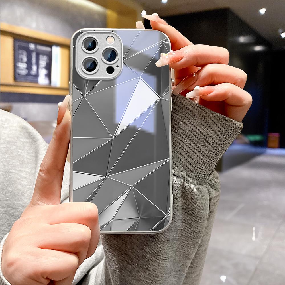 Husă pentru telefon triunghi geometric Husă metalică lacuită din sticlă temperată antișoc pentru Huawei Honor iPhone OPPO Realme OnePlus Xiaomi Redmi Samsung Vivo