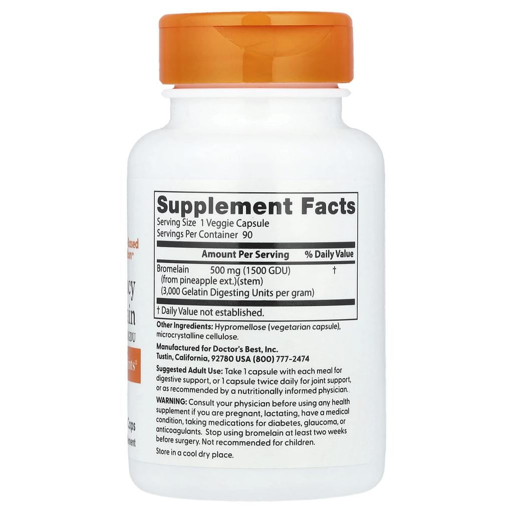 Doctor's Best High Potency Bromelain, 3,000 Gdu, 500 Mg, 90 Veggie Caps