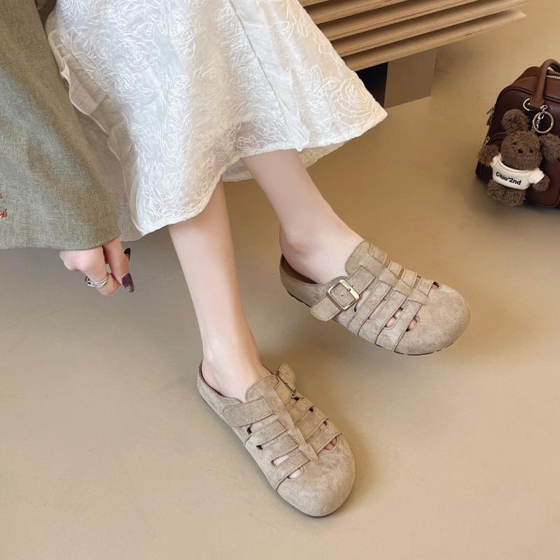 

Baotou half slippers women s summer fish bone pig cage shoes genuine leather cool slippers one pedal lazy shoes 41 хаки