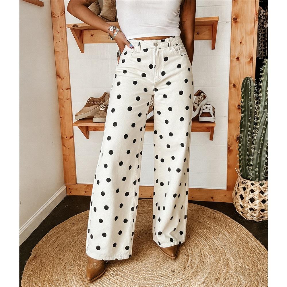 Fashionable Women's Polka Dot Loose Casual Mid-waist Denim Trousers