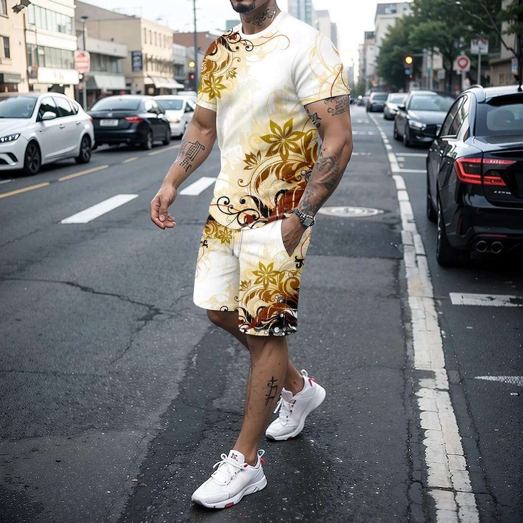 Men's T-shirt Set Summer Fashion Creative 3D Printing Pattern Skull Print Shorts Short Sleeved Combination Casual Two-piece Set
