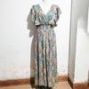 Floral Print V-neck Ruffled Short Sleeve Dress Women Casual A-Line High Waist Backless Slit Ankle-Length Spring Dress