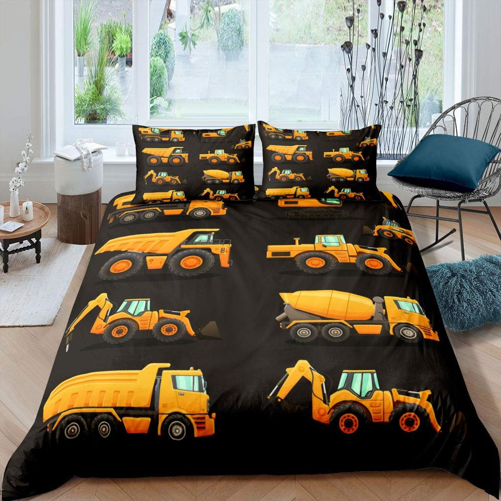 Excavator Duvet Cover Set Microfiber Tractor Truck Comforter Cover Twin Construction Vehicle Cartoon Bedding Set For Boys Teens