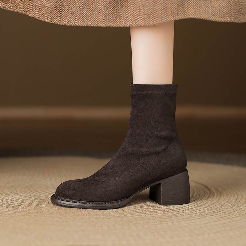 Krazing Po Flock Winter Round Toe Size 33 Western Boots Size 43 Thick High Heels Concise Style Ankle Boots