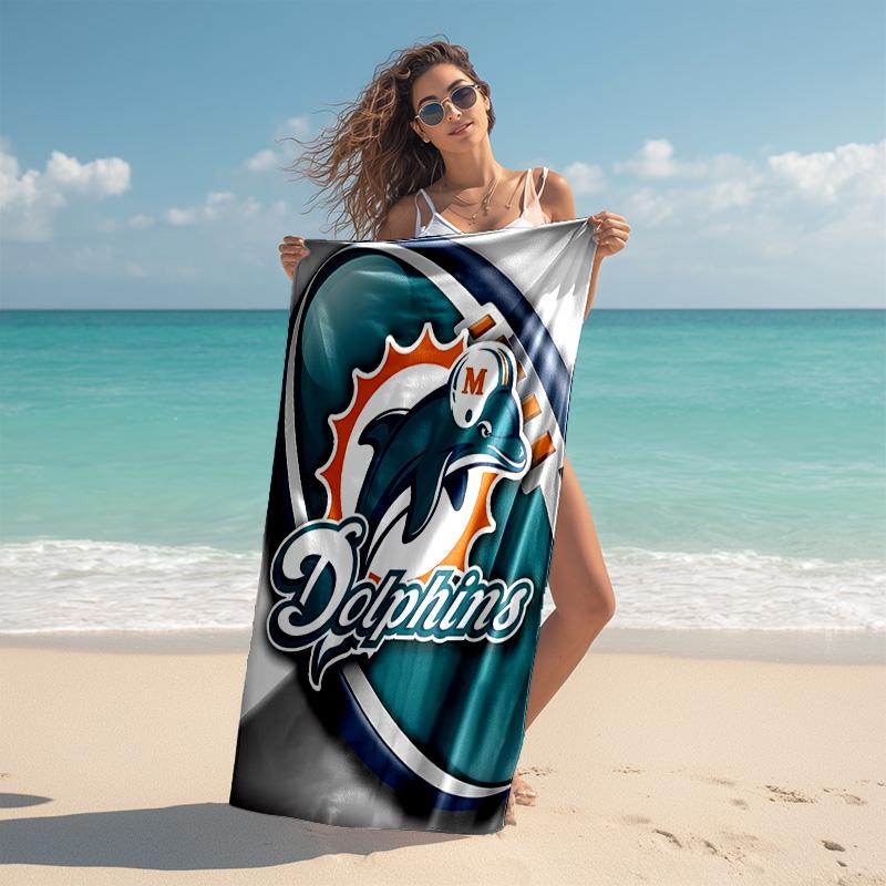 proof beach towel with Miami Dolphins logo pattern - soft,absorbent,quick-drying,machine washable - perfect for swimming,camping,bathing