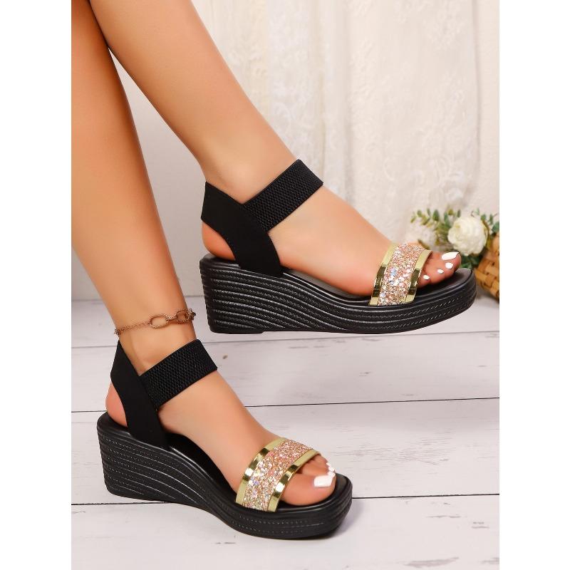 Damen Elastische Riemen Keilabsatz Plateau Römersandalen