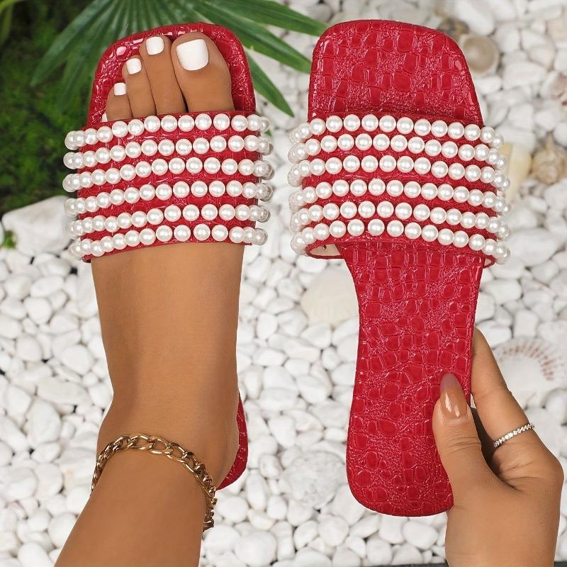 Fashion Women Slippers 2025 New Pearl Flat Slippers Plus Size Square Head Beach Shoes Women Holiday Lightweight Sandals Slides Women