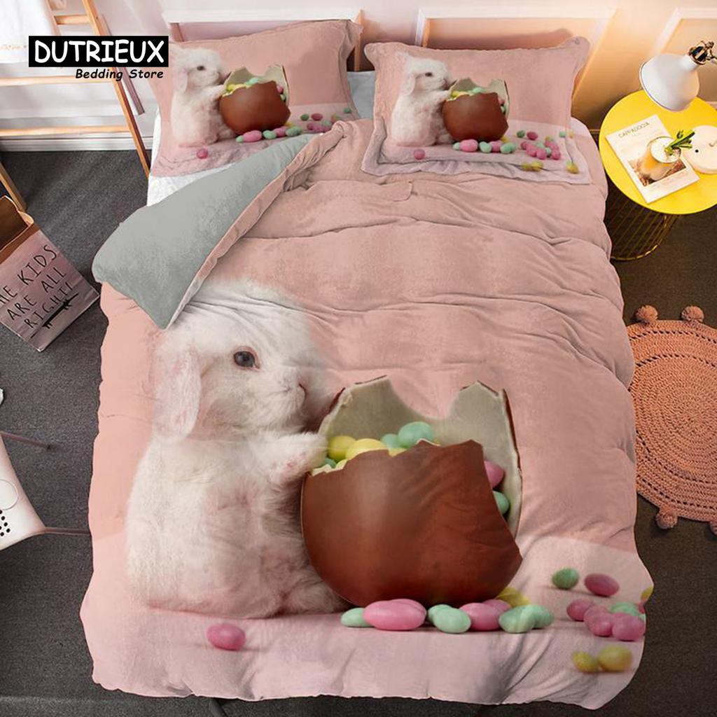 Soft Cartoon Pastoral Rabbit Duvet Cover Set Easter Eggs Print Bedding Set For Kids Child Microfiber Single King Comforter Cover