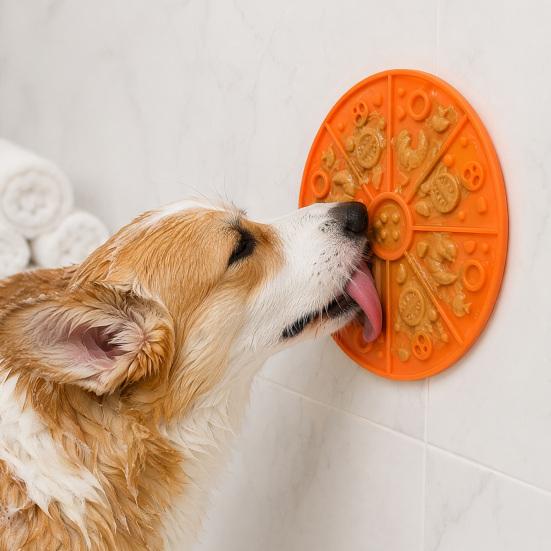 Soft Silicone Lick Mat, Pet Slow Food Mat with Strong Suction Cup, Multi-Grid Pizza Shape Dog Feeding Mat, Dog Slow Eating Bowl Accessory for