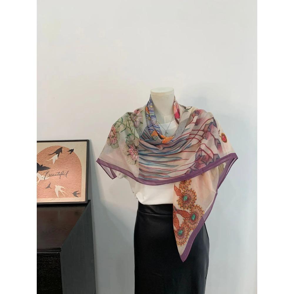 Head Scarf Women Square Scarf Thin Silk Like French Vintage Shawl Exclusive Design Spring Summer Autumn Lightweight Multipurpose
