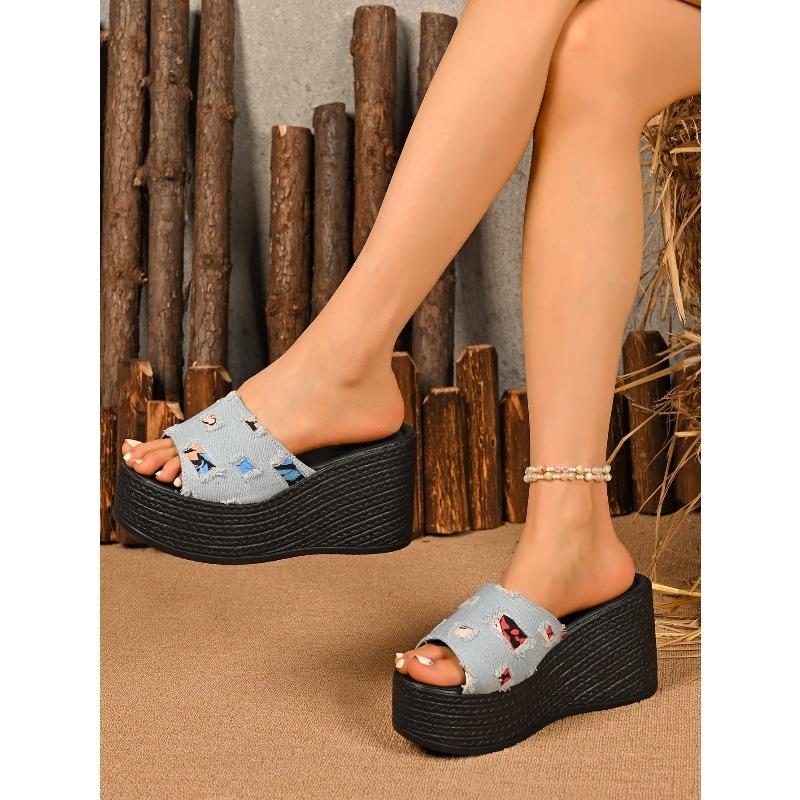 Plus Size 36-43 Casual Denim Strappy Sandals for Women 2025 Spring New Arrival Wedge Sandals