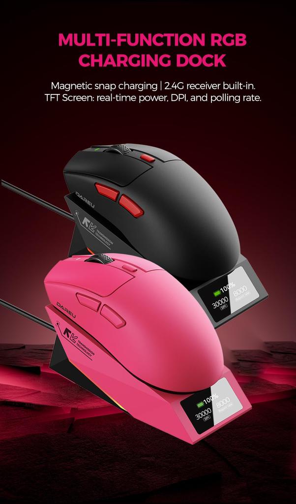 DAREU AE6PRO Wireless 8K Gaming Lightweight Advanced PAW3950 Symmetrical Ergonomic Charging Stand Mouse, Quasi-Molecular Coating, 59g, 30,000 DPI,