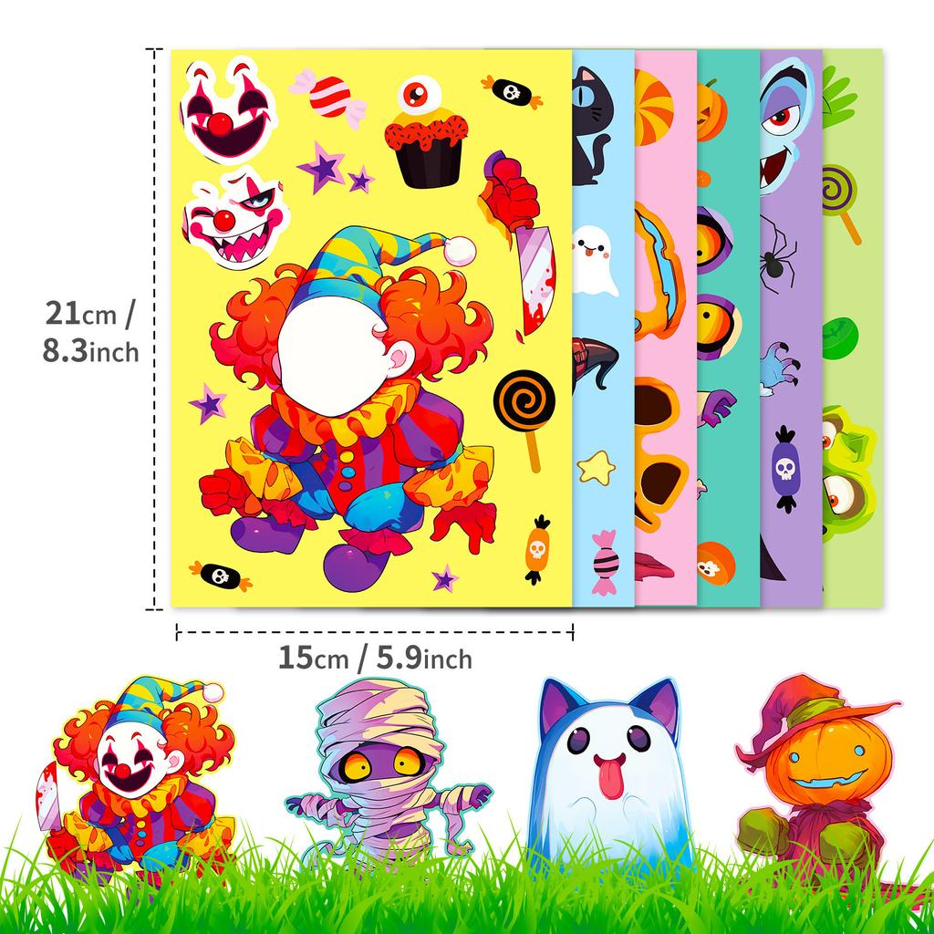 6 Photos/pack of Vampire Mummy Pumpkin Creative DIY Expression Face Swap Stickers Halloween Puzzle Stickers