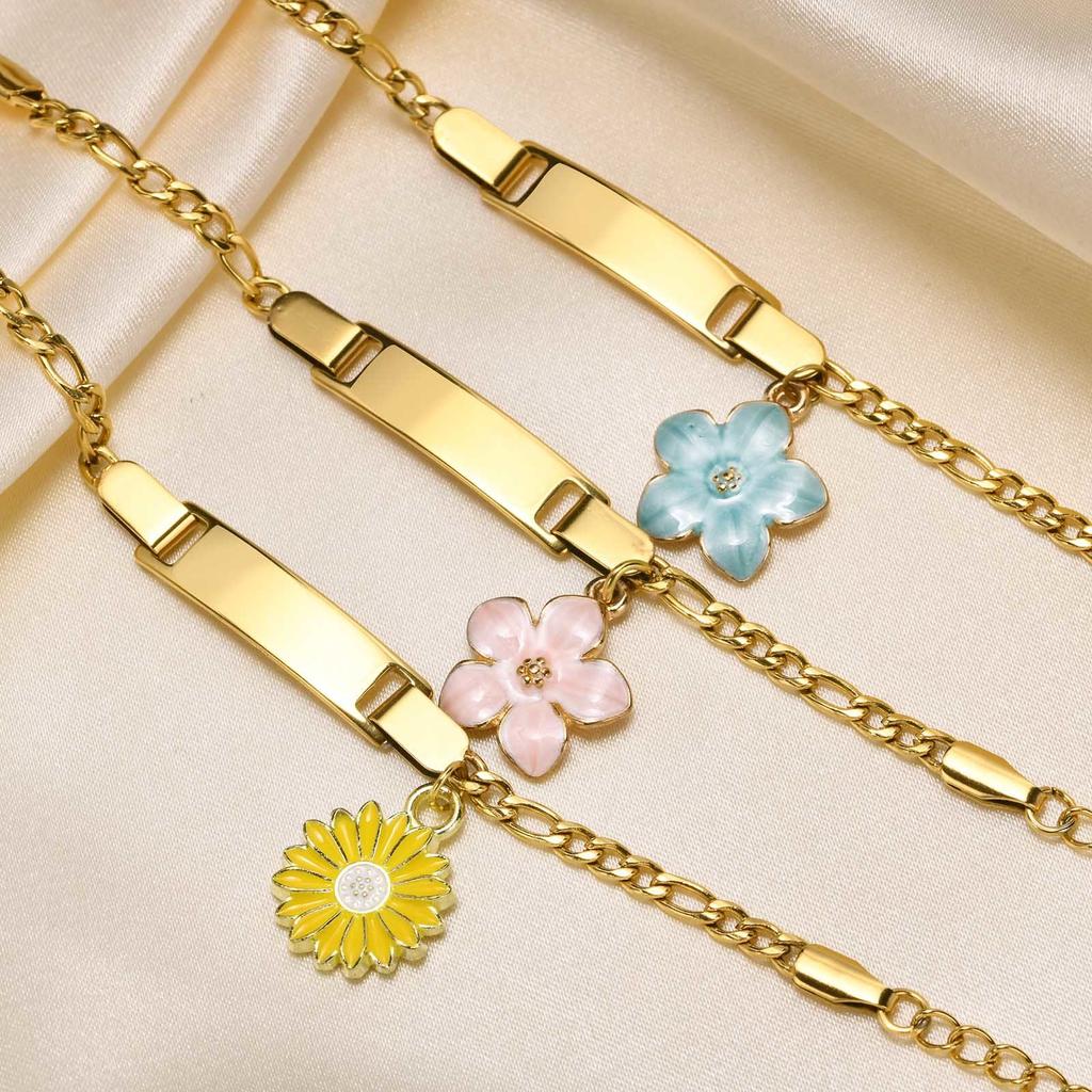 Customized Engrave Name Bracelet for Little Boy Girl, Charms Flower Bracelet, Personalized Stainless Steel Chain