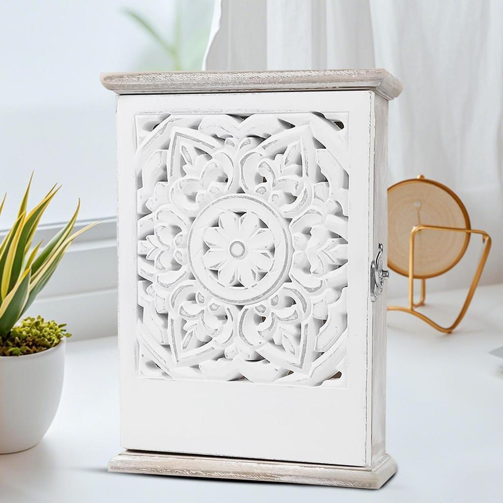 Key Storage Lock Box Vintage Carving With 6 Hooks Wooden Key Ring Holder Lock Box Wall Mount For Home Office Hallway Living Room