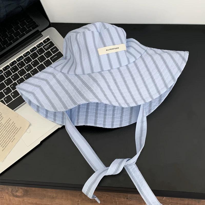 Spring and Summer Korean Blue Striped Strap Fisherman Hat Women's New Outdoor Sun Hat Big Brim Sun Protection Hat