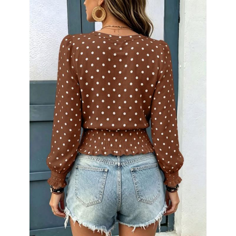 Loose V Neck Polka Dot Print Long Sleeve Casual Women T Shirt
