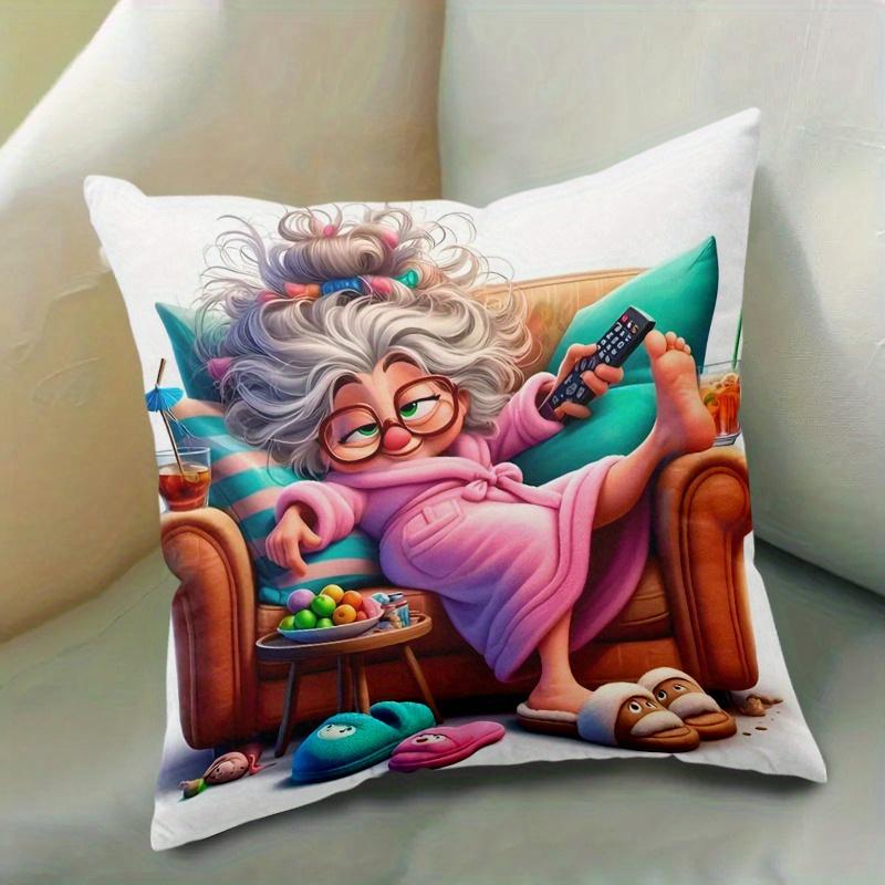 1Pc Funny Lazy Grandma Print Throw Pillow Cover,Suitable For Sofa,Bedroom,Living Room,A Humorous Gift For Best Friends