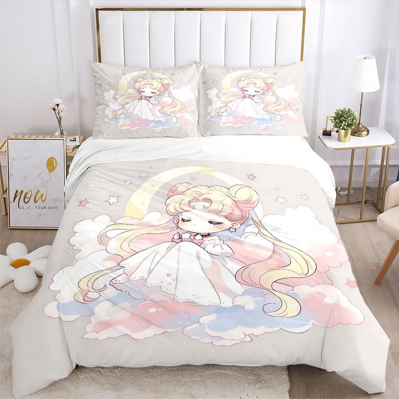 3pcs Sailor Moon Anime Bedding Set, Including 1 Quilt Cover and 2 Pillow Shams, Without Filling, Soft and Comfortable Home Bedroom Fabric, F