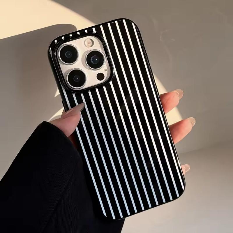 Striped Black White Vertical Bar Couple Phone Case For iPhone 16 E 15 14 13 12 11 Pro Max Plus Glossy Soft Shockproof Cover
