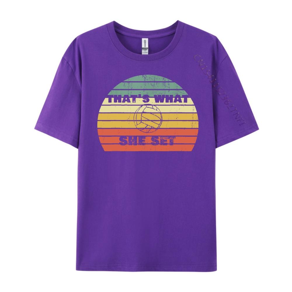Lustiger Volleyball-Wortwitz Thats What She Set Vintage Retro Sonnenuntergang Grafik T-Shirts Herren Baumwoll-T-Shirt Herren