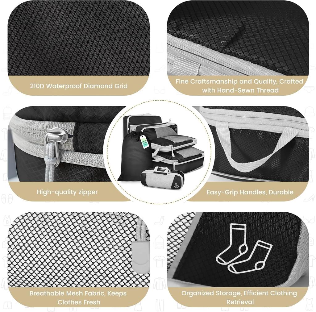 6PCS Travel Compressed Packing Cubes Travel  Storage Organizer Set with Shoe Bag Mesh Visual Luggage Portable Lightweight Suitcase Bag