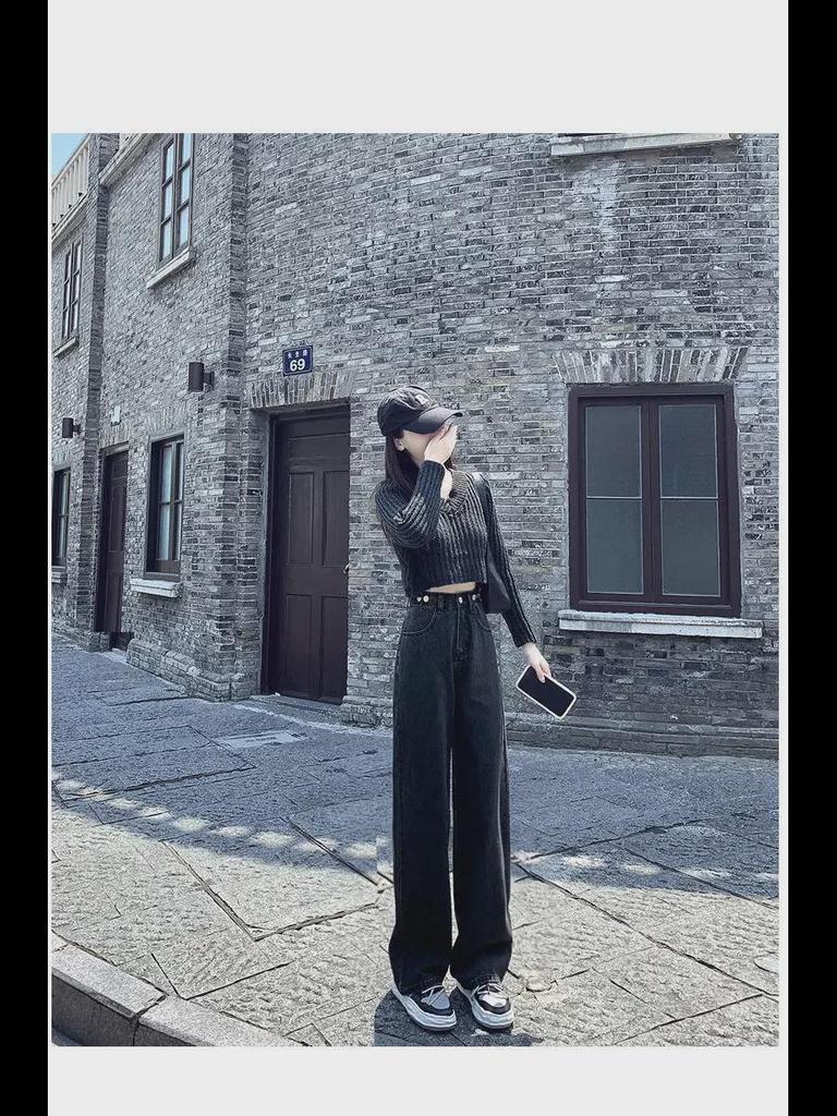High-Waisted Black & Gray Wide-Leg Jeans - Adjustable Multi-Button Design, Loose Pear Shape, Floor Length for Women
