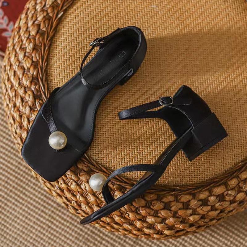 

Жемчужные сандалии на толстом высоком каблуке, женские, новые летние, универсальные, для юбки, пляжная обувь 40 чёрный