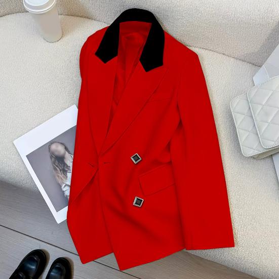 Damen Anzugjacke mit Revers, langen Ärmeln, Patchwork-Farbe, Anzugjacke mit Klappentaschen, lockere Passform, lässige Büro-Arbeitskleidung