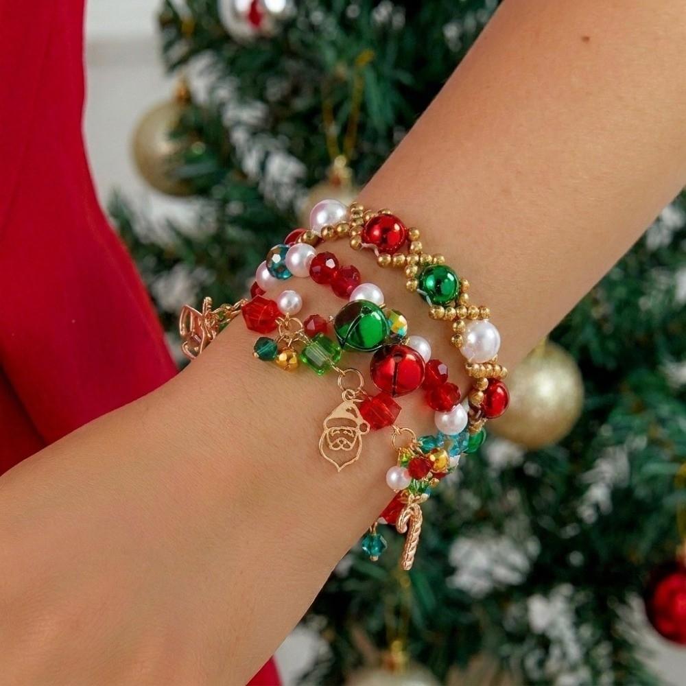 Layered Christmas Bracelet Set Red Green Stackable Bracelets Sweet Beaded Hand Chain  Holiday Party