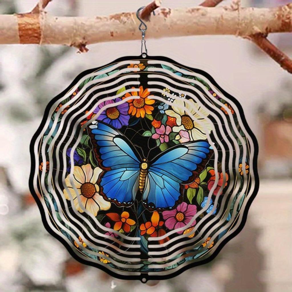 1pc Blue Butterfly & Floral Mandala Wind Chime - 2D Printed, No-Battery Metal Art for Outdoor, Garden, Balcony Decor - Elegant Hanging Ornament