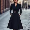 Women's Belted High Waist V Neck Long Sleeve Flared Midi Dress Party Formal Dress