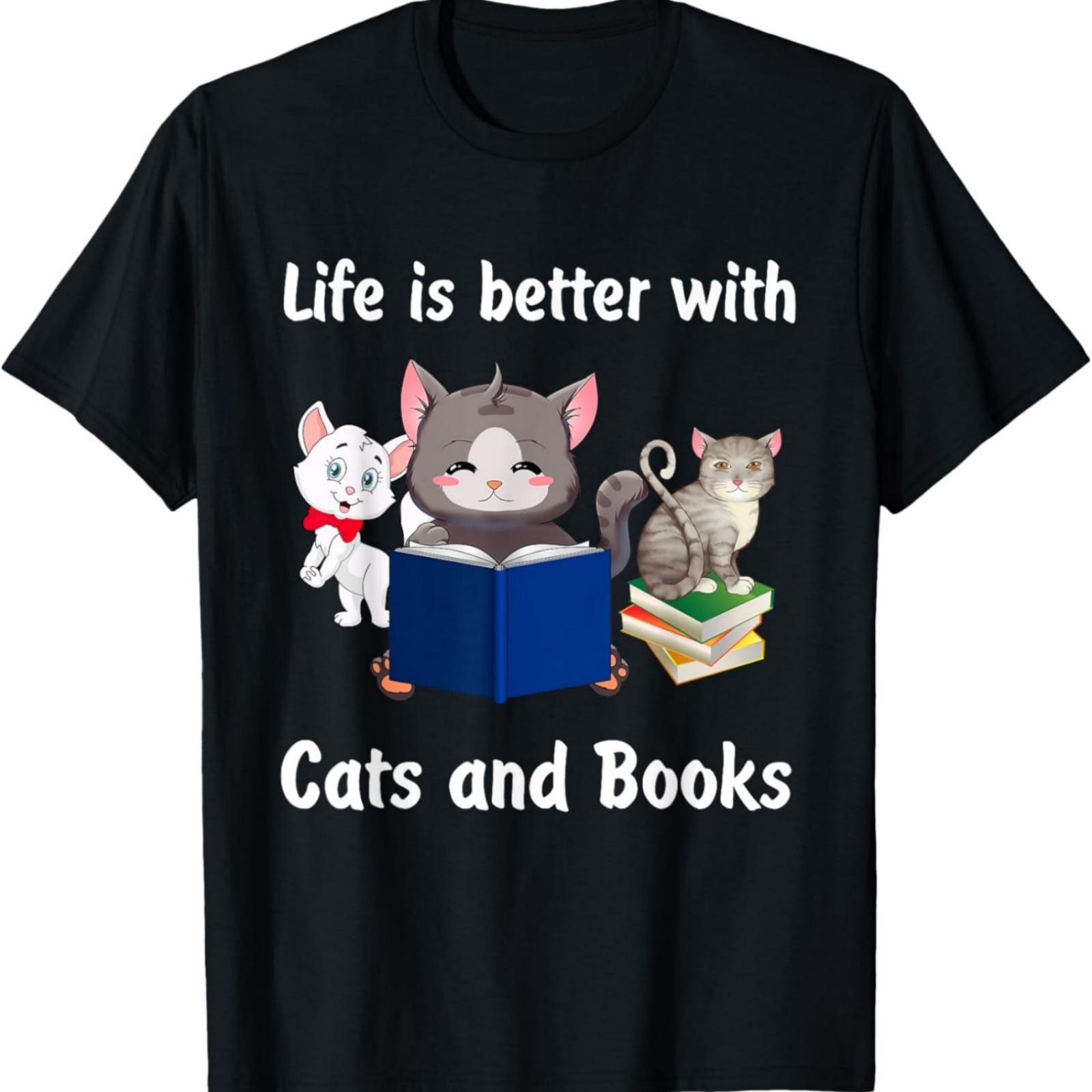 Life Is Better with Cats And Books Anime style Kitten T-Shirt S