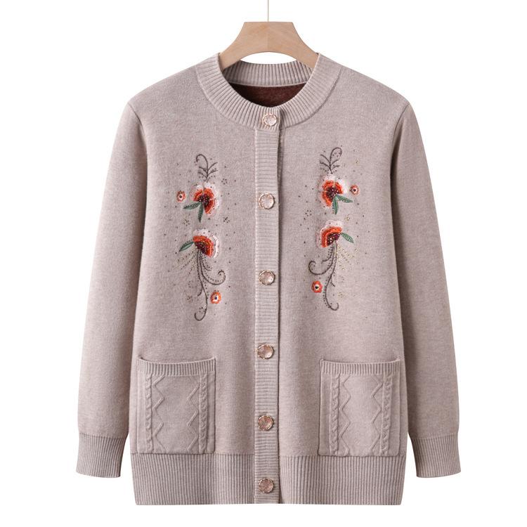 Women Plus Velvet Thickened Sweater for Middle-aged and Elderly People In Autumn and Winter Embroidered Cardigan for Mother Coat for Elderly People