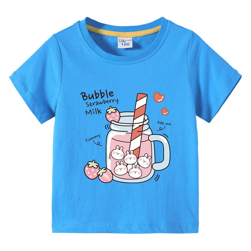Girls TShirt Bubble Strawberry Milk Print Short Sleeve Tee Cute Cartoon Summer Casual Tops for Kids Children