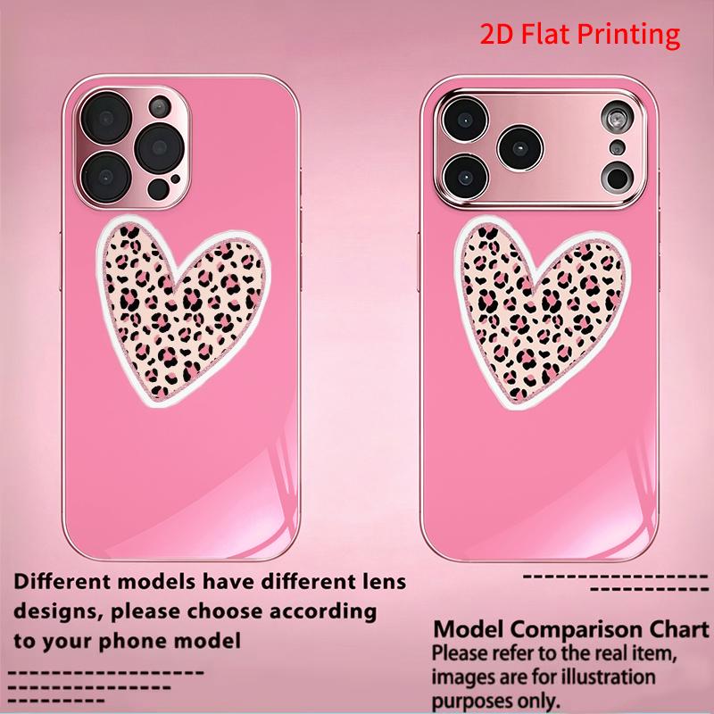 2DFlat electroplated tempered glass phone case,Heart Leopard Print Design,suitable for iPhone 18 Pro Max 17 16 15 14 13 12 11