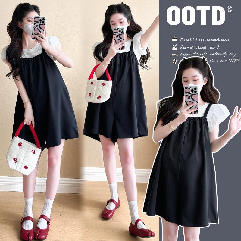 2026 Summer Maternity Adjustable Strap Overalls & Puff Sleeve Top Set M
