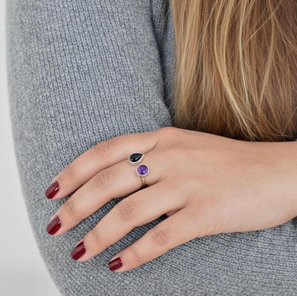 Schwarzer Onyx Amethyst 925 Silberring, Verstellbarer minimalistischer Doppelsteinring, Handgefertigter Schmuck, Geschenk für sie