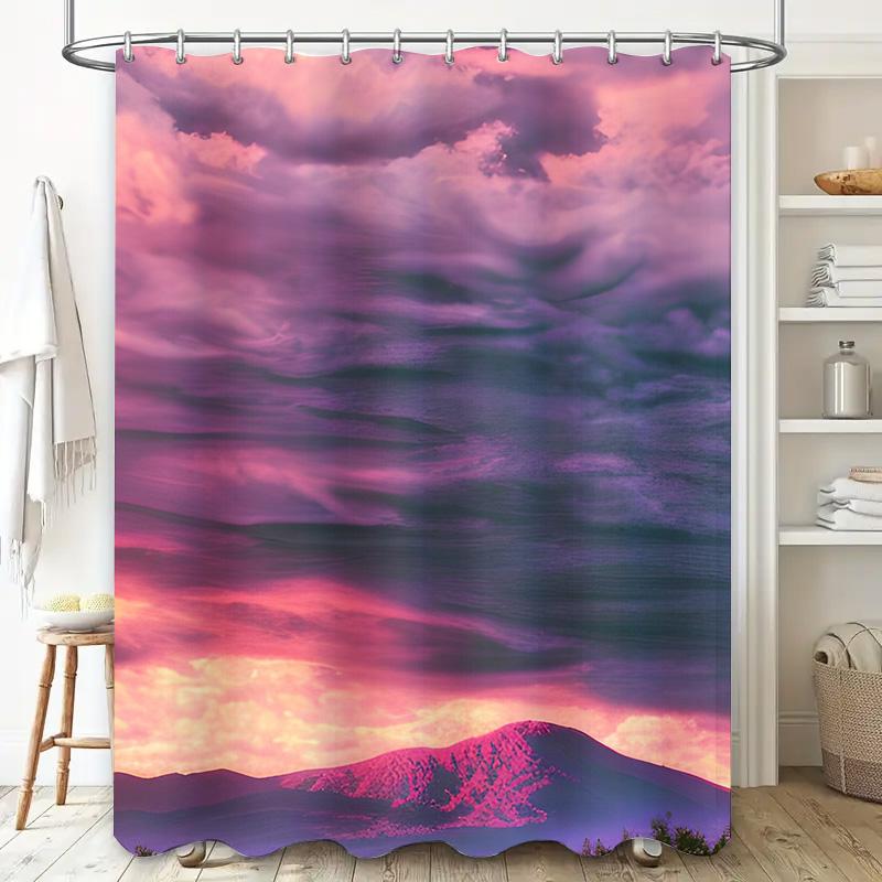 Lila Wolken Duschvorhang Wasserfall-Druck Badezimmer-Dekoration Für Kinderzimmer Rosa Himmel Berge Design, Wasserdichtes Gewebe Größe 180X