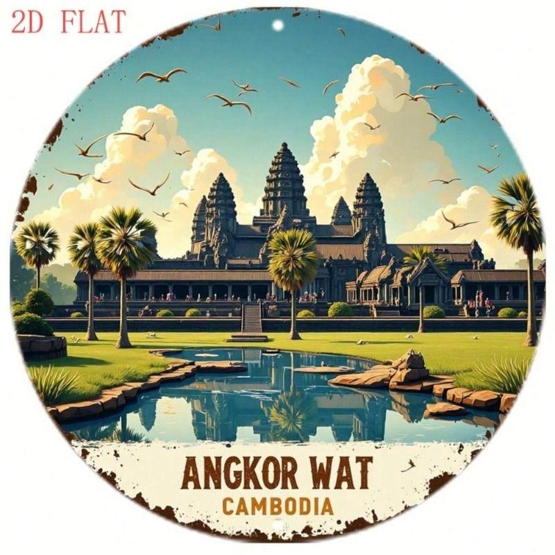 Metal Poster Angkor Wat Cambodia Temple Palm Landscape Wall Art Living Room Decor