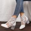 Floral Print Lace Ankle Boots - Women's Square High Heel Shoes, Round Toe, Back Zipper