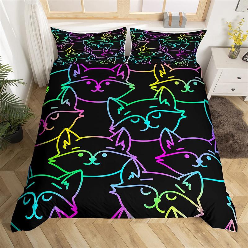 Boho Colorful Cat Duvet Cover Set Cats Star Mushroom Bedding Set Microfiber 3D Kawaii Animals Comforter Cover Twin For Kids Boys