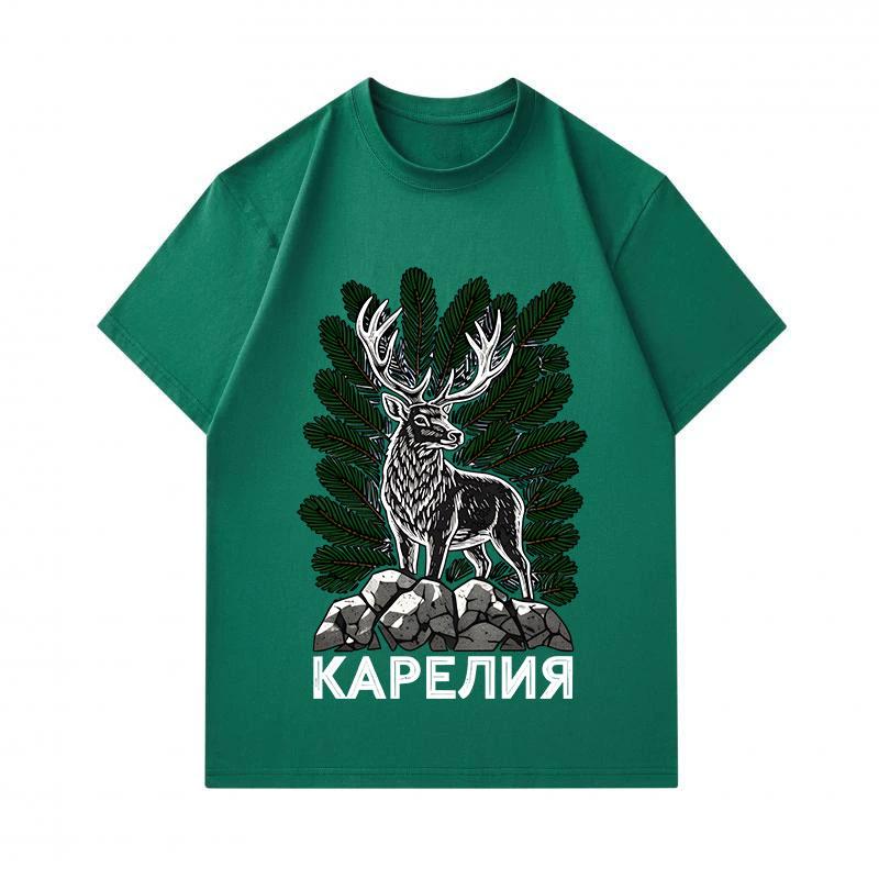 Men's 100% Cotton Short Sleeve Crew Neck T-shirt, Retro Karelia Deer Pine Nature Printed Casual Daily Comfortable Lightweight Tee for Outdoor Lover