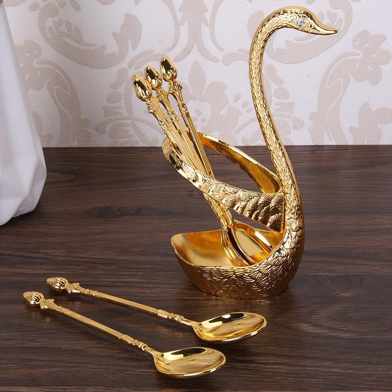 Stainless Steel Swan Base Holder with 3 Dessert Forks Coffee Spoons Set Tableware Home Decor Swan Base Holder Fruit Forks Set