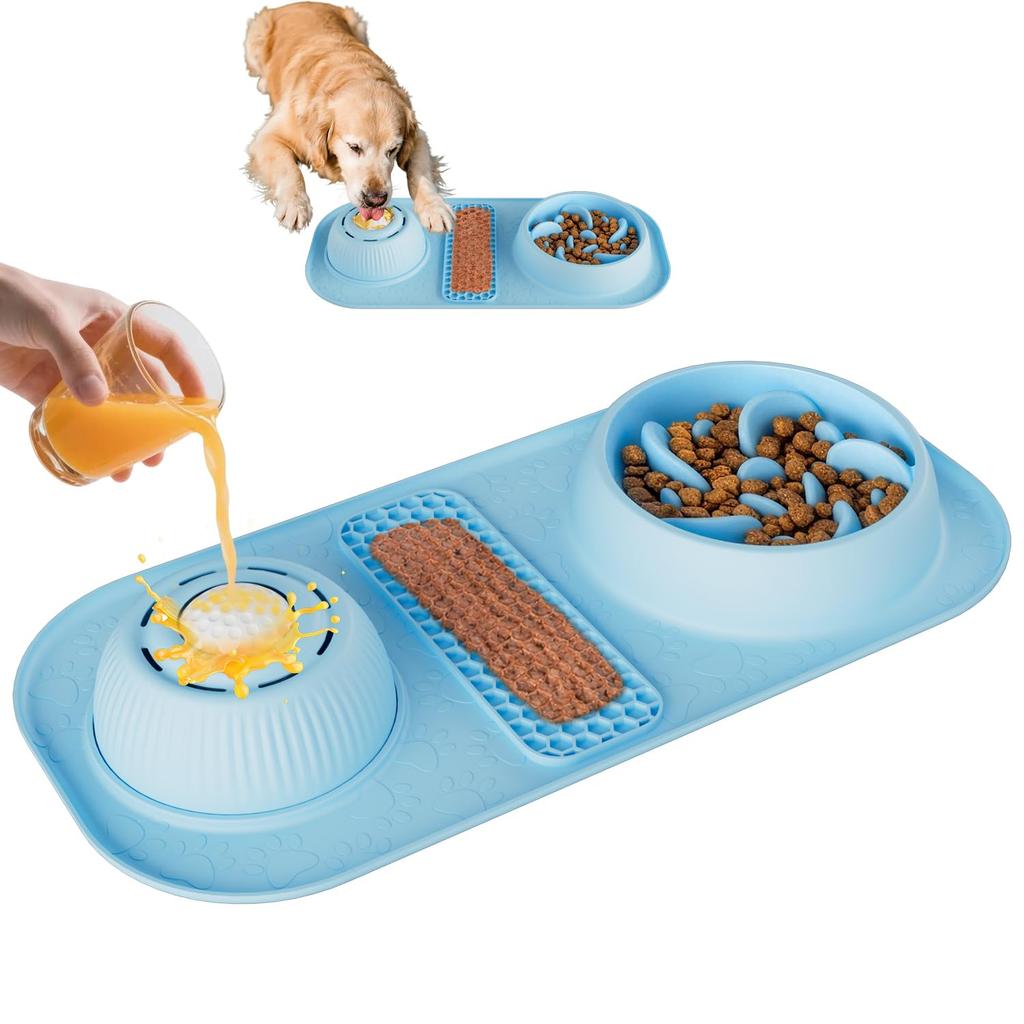 Pawinner Slow Food Bowl for Dogs and Licking Liquid Food Licking Pet Licking Blue Cats, 3-in-1 Ball-Shaped Bowl, Toy, Mat,