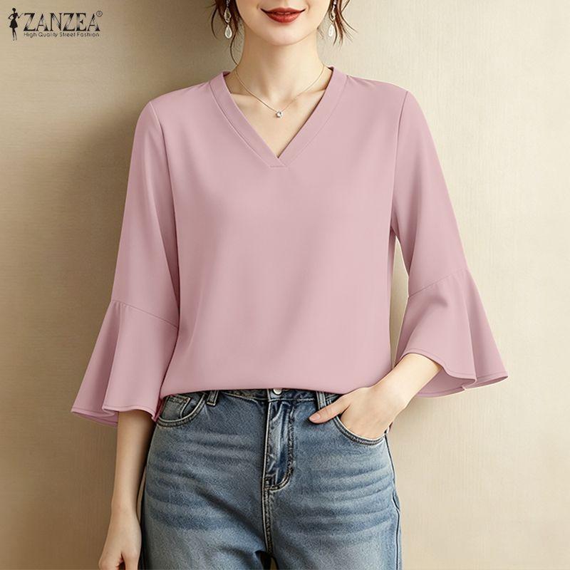 ZANZEA Women Casual V-Neck Solid Color 3/4 Sleeve Loose Blouse