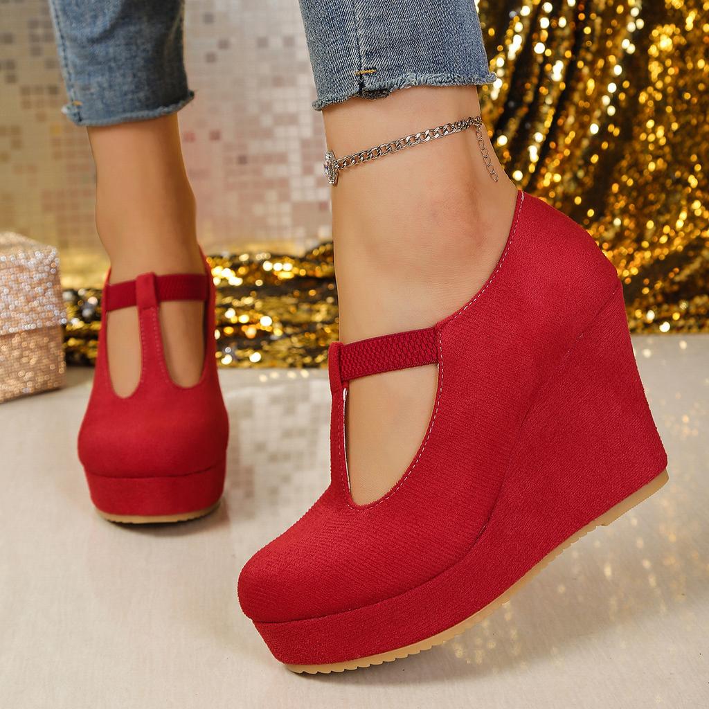 Large Size Spring and Autumn New Slope Heel Single Shoes Women's Waterproof Table Fashion Round Head Super High Heel Oneword Buckle Shallow Mouth