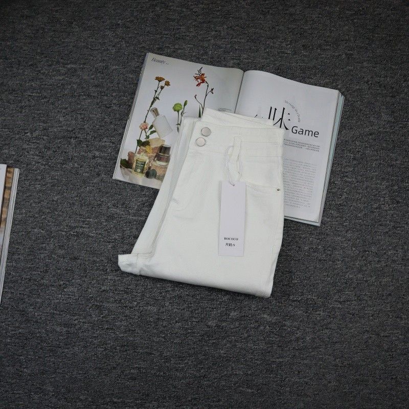 

Весенне-летние женские джинсы чисто белые со средней высокой посадкой из хлопка стрейч брюки девятой длины выстиранный деним брюки-карандаш Pure White S 155/64