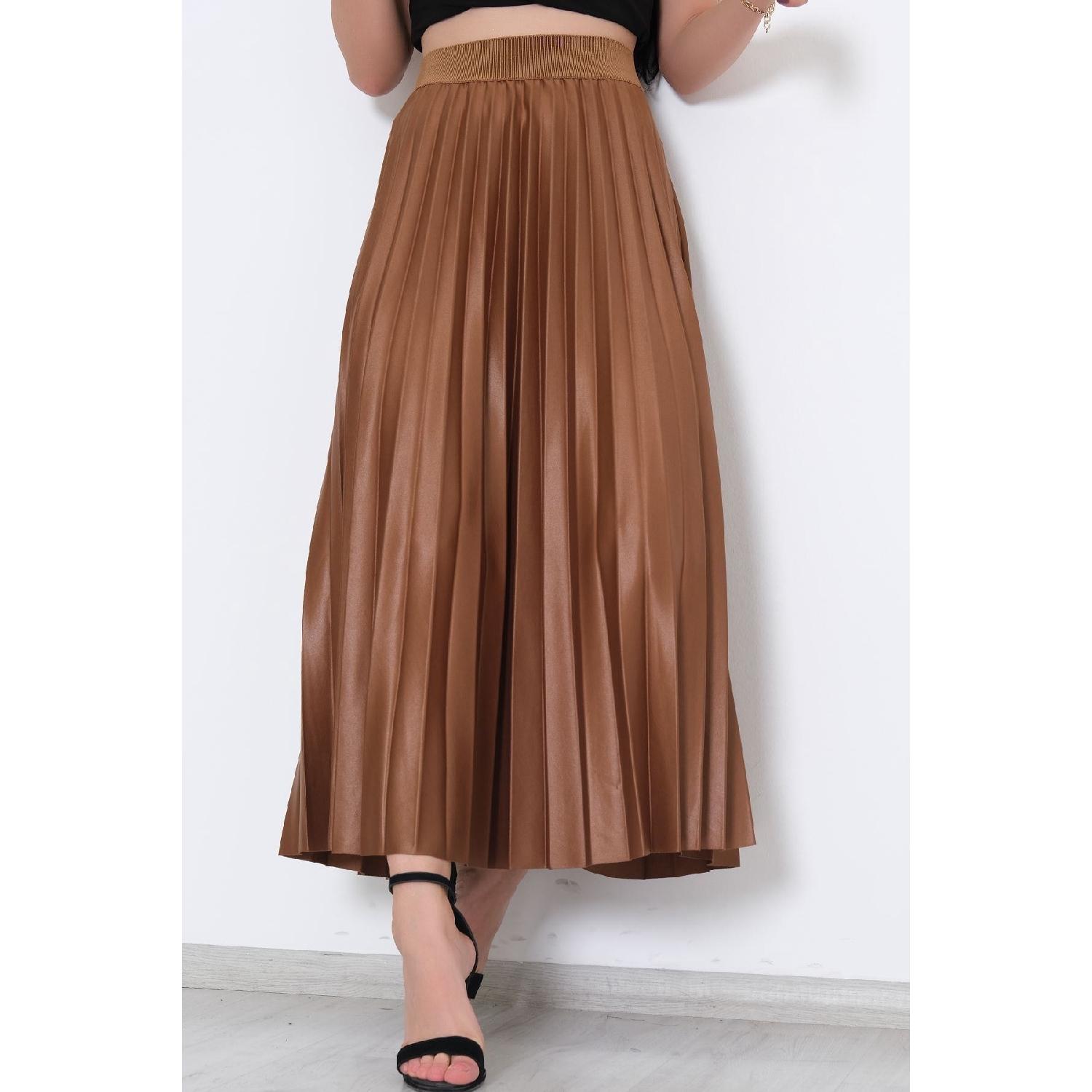 

Женская коричневая кожаная юбка средней длины с высокой талией и эластичной резинкой на талии, длинная расклешенная плиссированная юбка в хиджабе